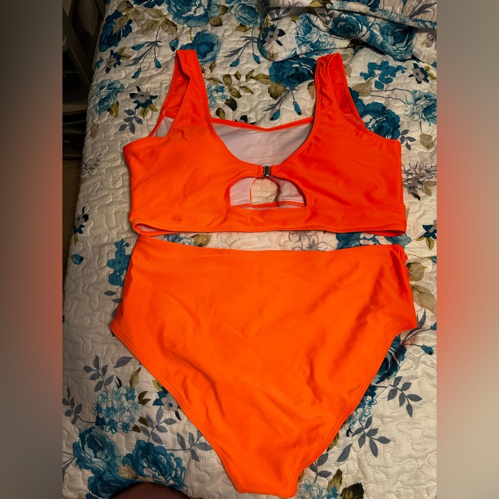 Swim Vcay Plus Solid Bikini Set Knot Front Buckle Back Top Ruched High Waisted